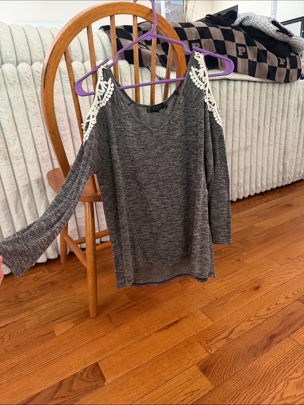 Charcoal Cold-Shoulder Long Sleeve Top with Cream Crochet Detail